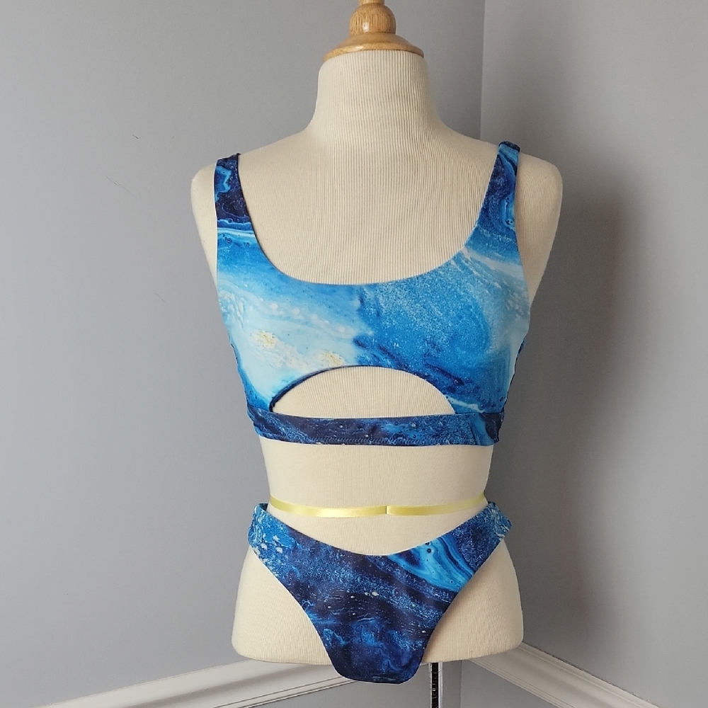 ZAFUL Lapis Blue Ocean Print Sporty Cutout Top High Cut‎ Leg Bikini Swimsuit M 6